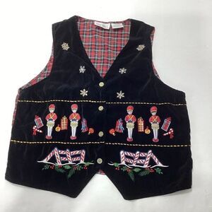 Casey & Max Crushed Velvet Plaid Embroidered Christmas Holiday Vest Large